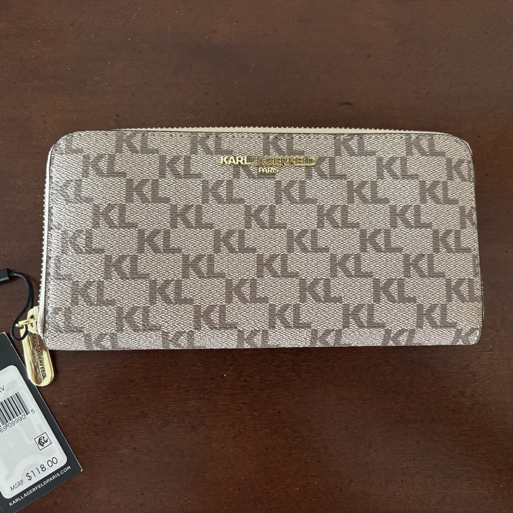 Karl Lagerfeld Paris Tan with Brown KL Monogram Zip Wallet